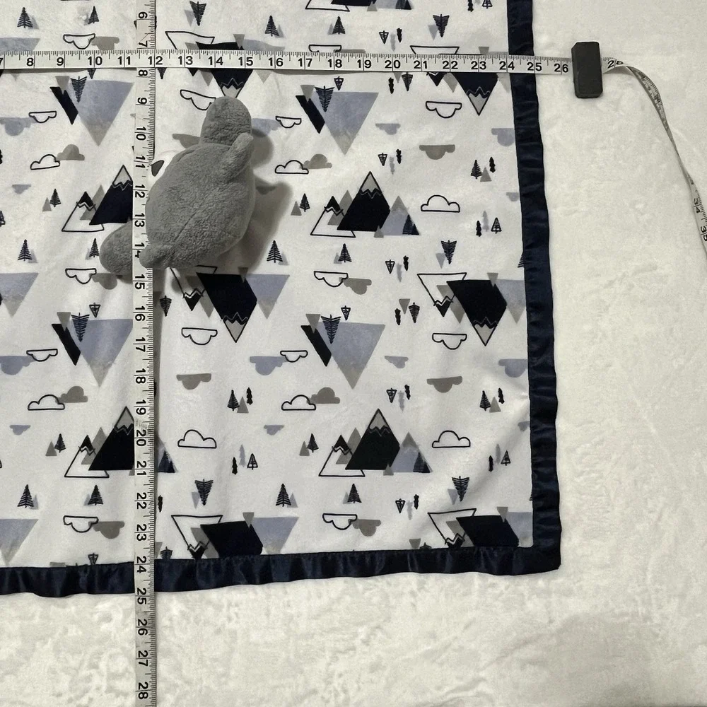 Just Born Sleeping Bear Lovey Blanket Mountains Clouds Gray White Blue Satin 25